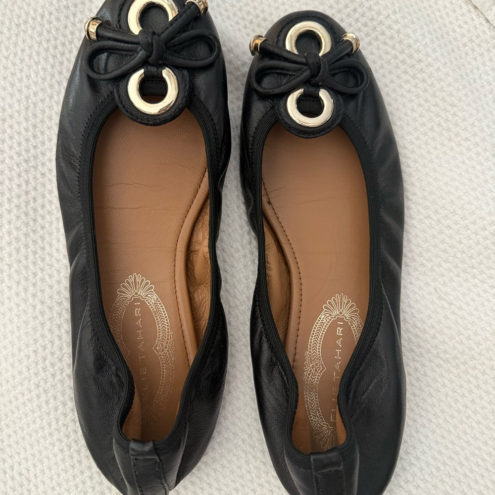 Elie Tahari Black Leather Flats with Gold Accents